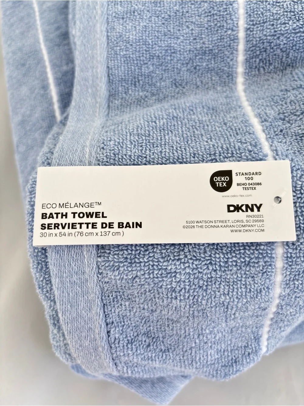 NWT DKNY Eco-Melange Set of 2 Soft Blue White Pinstripe Bath Towels